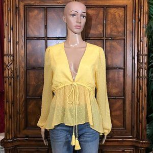 Canary Swiss Dot Sheer Tassel Lantern Sleeve Blouse
